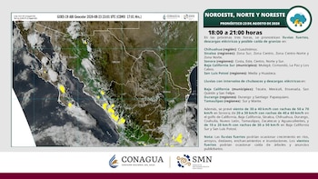 Mapa satelital del norte de México junto a un panel de texto de la Comisión Nacional del Agua con datos del pronóstico meteorológico