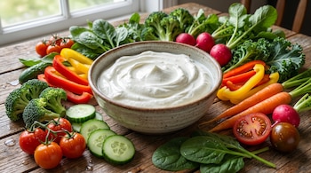Un tazón de yogurt griego natural sobre una mesa de madera, rodeado de diversas verduras frescas como brócoli, pimientos, zanahorias, rábanos y tomates.