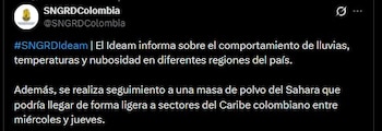 Las partículas minerales del Sahara pueden causar cielos grisáceos y atardeceres rojizos en las regiones afectadas - crédito @SNGRDColombia/X