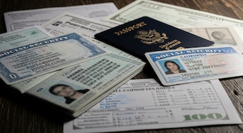 Pasaporte estadounidense, tarjetas de Seguridad Social y una identificación de California con foto de mujer, sobre documentos varios en madera oscura.