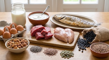 Leche, yogur, huevos, carne de res, pechugas de pollo, pescado asado, nueces, almendras, semillas de chía, lino, calabaza, frijoles negros y lentejas.