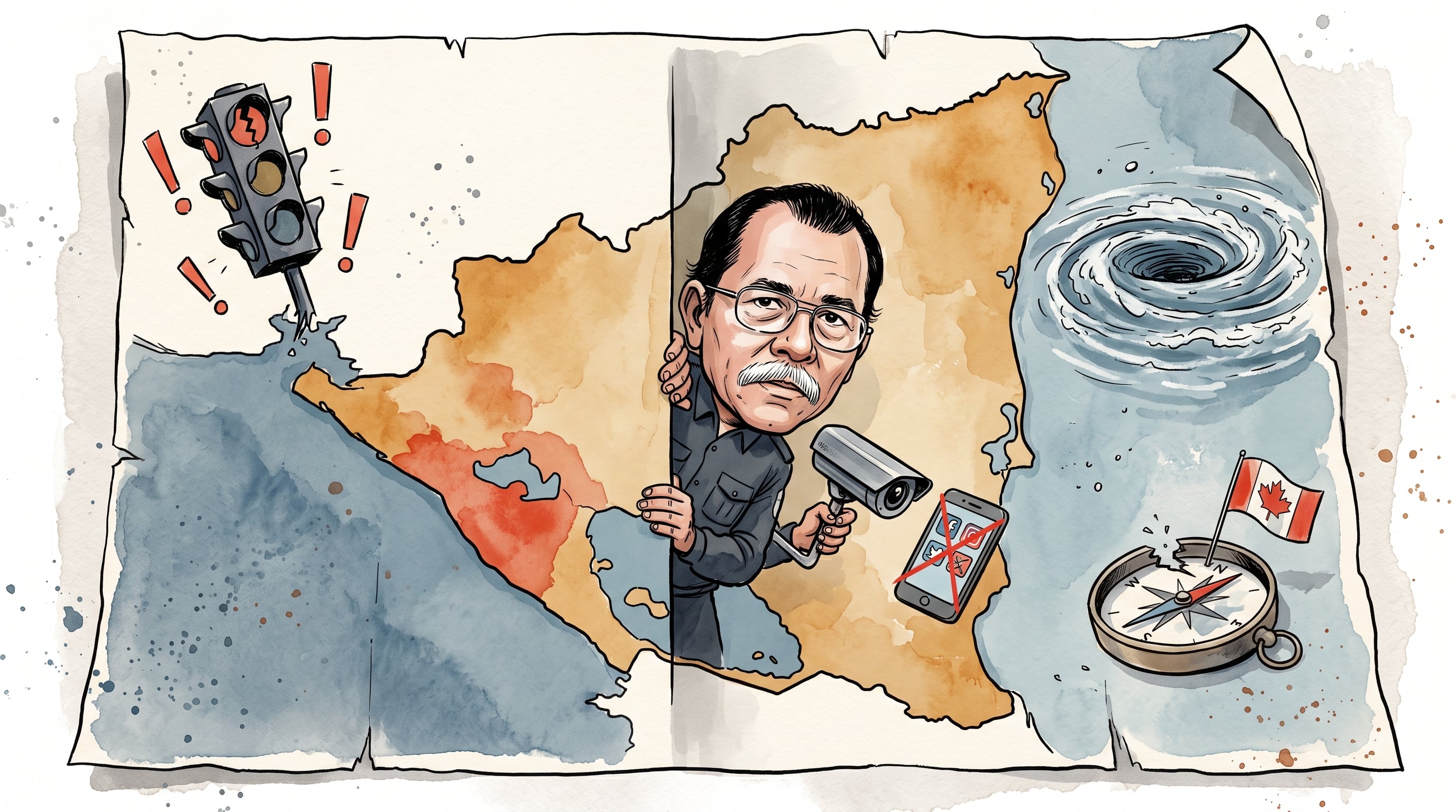 Una caricatura de Daniel Ortega con una cámara de vigilancia sobre el mapa de Nicaragua representa las tensiones políticas y las restricciones a las comunicaciones en el país. (Imagen Ilustrativa Infobae)