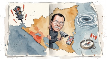 Ilustración de Daniel Ortega sobre el mapa de Nicaragua, con una cámara, un móvil tachado, un semáforo roto, un remolino marino y una brújula.