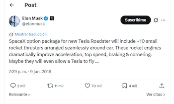 Captura de pantalla de una publicación en inglés de la cuenta de Elon Musk en X, fechada el nueve de junio de dos mil dieciocho