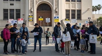 Múltiples familias con niños están paradas frente a una escuela pública de Los Ángeles con puertas cerradas y carteles de huelga. Algunos adultos leen documentos y otros llevan bolsas blancas.