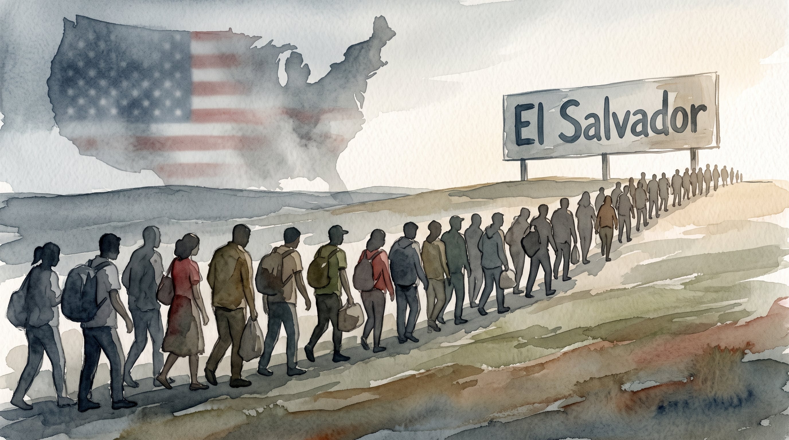 Una fila de migrantes camina hacia un cartel de El Salvador mientras se proyecta al fondo la silueta del mapa y la bandera de Estados Unidos. (Imagen Ilustrativa Infobae)