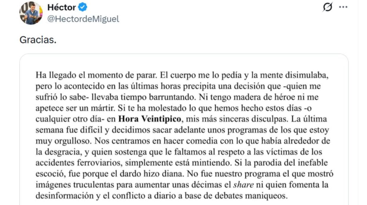 Mensaje compartido por Quequé en sus redes sociales.