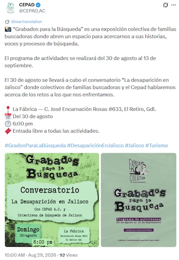 Los organizadores piden llevar fotos de fichas de búsqueda y lonas para visibilizar a las personas desaparecidas y acompañar a sus familias. | (@cCEPAD_AC)