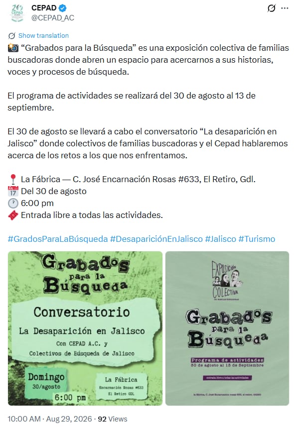 Los organizadores piden llevar fotos de fichas de búsqueda y lonas para visibilizar a las personas desaparecidas y acompañar a sus familias. | (@cCEPAD_AC)