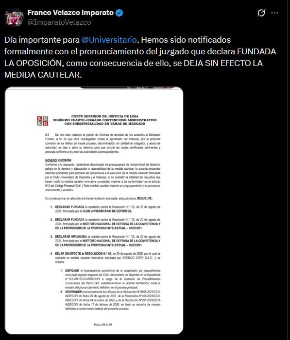 El Poder Judicial declaró fundada la oposición de Universitario e Indecopi y dejó sin efecto la medida cautelar obtenida por Gremco, con lo que el proceso concursal del club retoma el marco previo. (X / @ImparatoVelazco)
