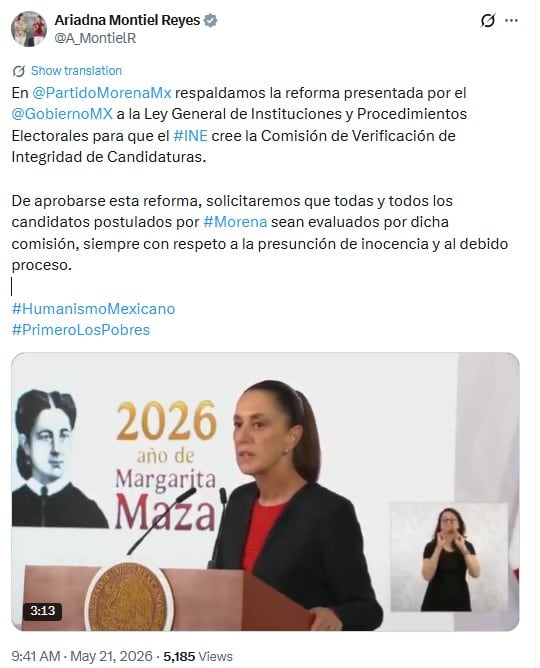 Ariadna Montiel a través de su cuenta oficial de X. (captura de pantalla)