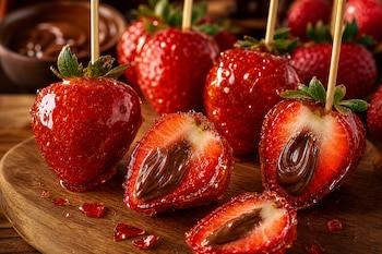 Fresas ensartadas en palillos de madera, cubiertas de caramelo transparente y rellenas de crema oscura, dispuestas sobre una tabla de madera.