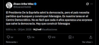 El expresidente afirmó que los partidos de derecha, incluido el Centro Democrático, deben unificar fuerzas desde ahora de cara a las próximas elecciones - crédito X