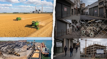 Montaje con fotos de cosecha agrícola, minería y un buque de carga a la izquierda, y locales comerciales cerrados a la derecha.