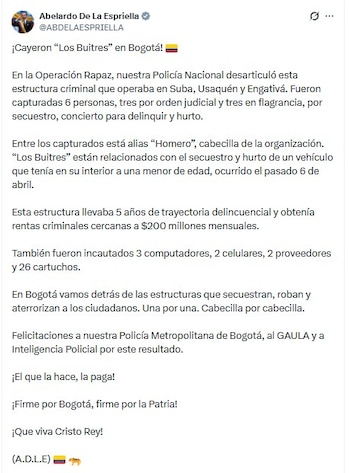 El presidente De la Espriella compartió el anunció desde su cuenta de X la mañana del miércoles 16 de septiembre de 2026 - crédito @ABDELAESPRIELLA/X