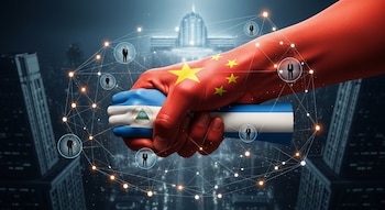 Una mano con la bandera de China sujeta firmemente un rollo con la bandera de Nicaragua. Una red de puntos luminosos y personas rodea las manos sobre un fondo de ciudad.