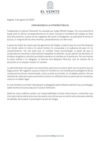 Una de las denunciantes de Jorge Alfredo Vargas se refirió al proceso penal en contra del periodista por acoso sexual y denunció revictimización - crédito @ElVeinteOrg/X