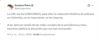 El presidente Gustavo Petro denunció presunta censura por parte de la CRC - crédito @petrogustavo/X