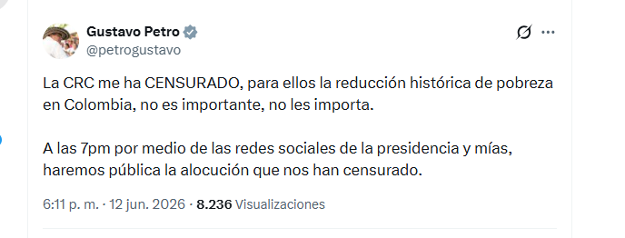 El presidente Gustavo Petro denunció presunta censura por parte de la CRC - crédito @petrogustavo/X