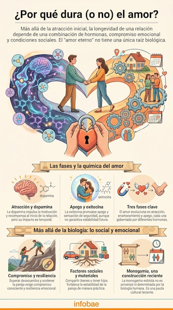 Infográfico detallado que explica la duración del amor a través de gráficos de hormonas, fases emocionales, compromiso, resiliencia y factores sociales como la monogamia.