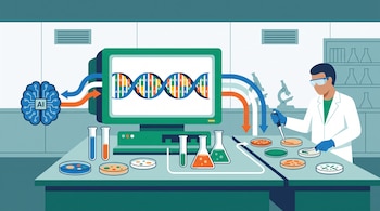 Ilustración de un laboratorio con una computadora que muestra ADN, un símbolo de inteligencia artificial, tubos de ensayo y un científico manipulando placas de Petri.