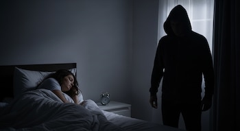 Hombre con capucha de pie junto a una cama donde duerme una mujer. Hay una mesita de noche con un despertador.