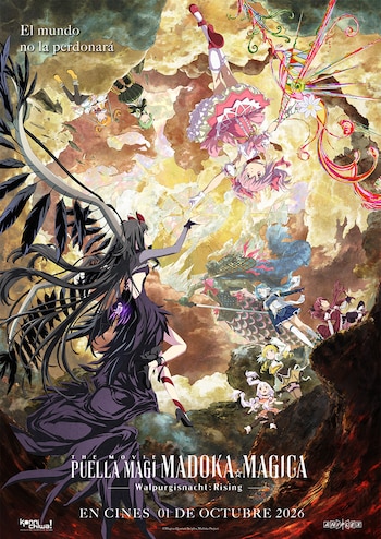 Póster de anime. Varios personajes femeninos con trajes de colores, una con alas negras, flotando en un cielo nuboso. Texto: 'Puella Magi Madoka Magica'