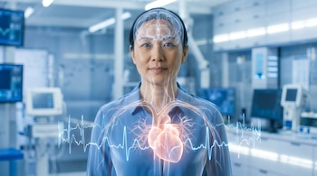 Retrato de mujer serena con tórax y cabeza transparentes, revelando un corazón iluminado, rutas neuronales y ondas de ECG, en un laboratorio médico.