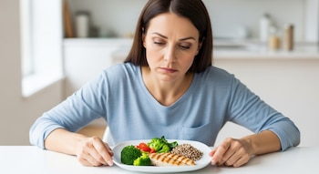 Mujer de mediana edad, con cabello oscuro y camiseta azul, mira un plato blanco con pollo a la parrilla, brócoli, tomates cherry y quinoa en una cocina luminosa.