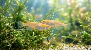 Dos peces dorados y traslúcidos nadan cerca de musgo verde rodeados de burbujas en agua clara.