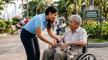 Una mujer con camisa azul se inclina hacia un hombre mayor sentado en una silla de ruedas en un parque con árboles y un letrero.
