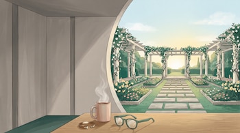 Escritorio con una taza de café, lentes y un brazalete ante una pared con apertura hacia un jardín con pérgolas, flores y losas de piedra.