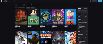 Interfaz de la tienda digital Epic Games con barra de búsqueda, menú de navegación, panel de filtros con opción 'Gratis' seleccionada y diez portadas de videojuegos