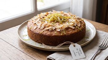 Torta redonda con láminas de coco tostado y cáscara de limón en un plato cerámico sobre una mesa de madera junto a un tenedor.
