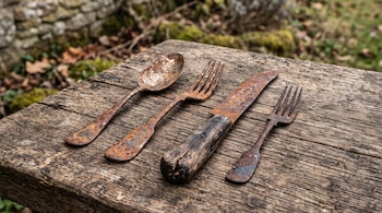 Cuatro cubiertos metálicos oxidados, incluido un cuchillo con mango de madera, sobre una tabla de madera rústica.