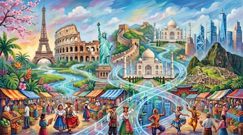 Pintura vibrante de famosos monumentos mundiales como la Torre Eiffel, Coliseo, Estatua de la Libertad y Taj Mahal, con mercados y gente en trajes típicos.