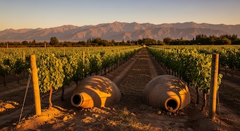 Dos ánforas de barro entre hileras de viñas con hojas verdes en un viñedo al atardecer, con montañas en el horizonte y cielo despejado.