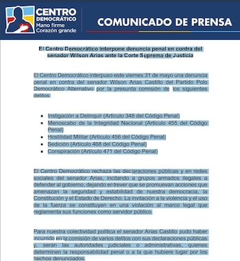 El Centro Democrático presentó cargos