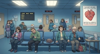 Una sala de espera de un hospital público con varias personas sentadas y un póster con un corazón que fomenta la donación de órganos.