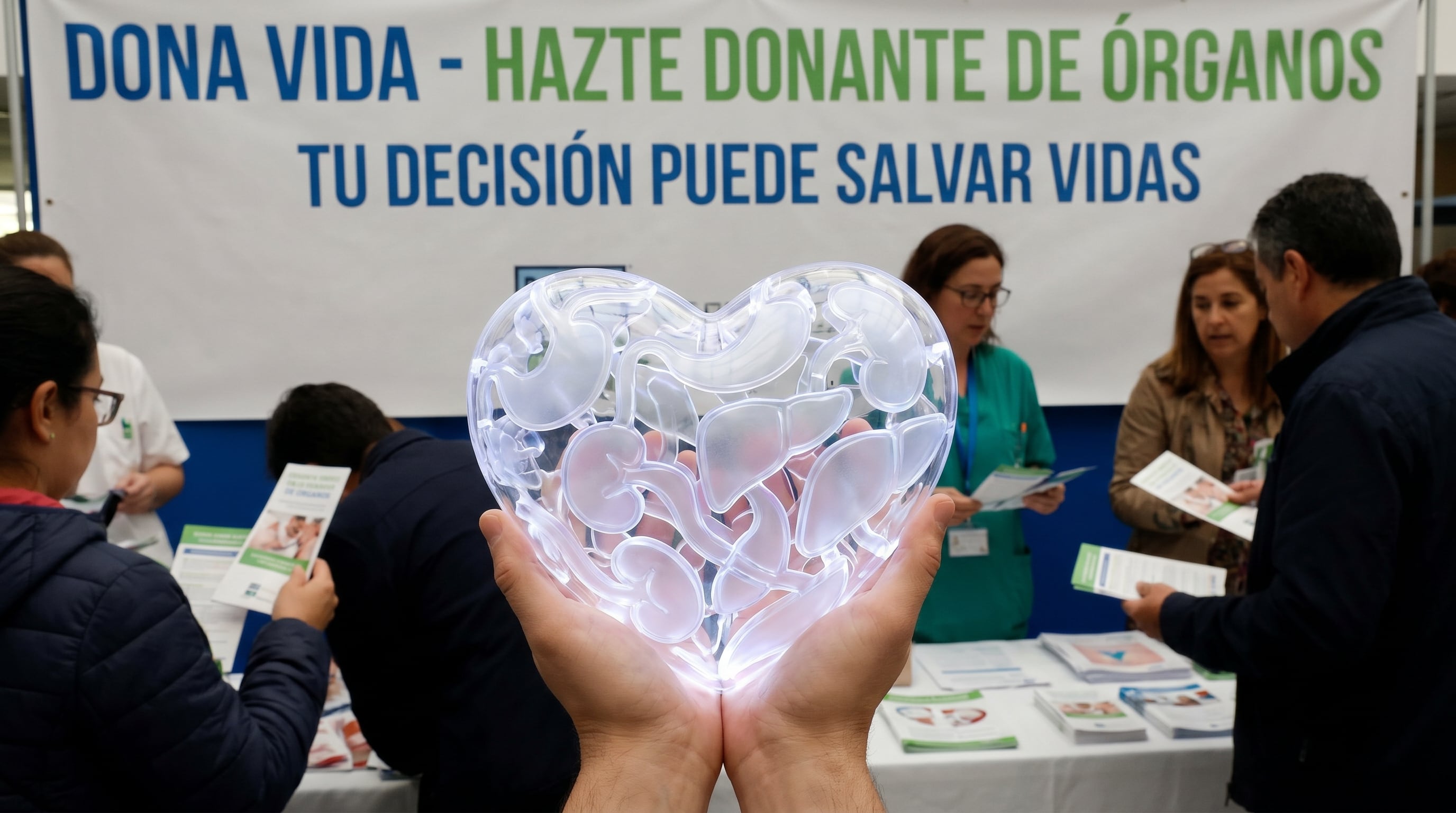 Unas manos sostienen un modelo luminoso en forma de corazón con órganos internos, mientras personas interactúan en un puesto de información sobre la donación de órganos bajo un banner que promueve