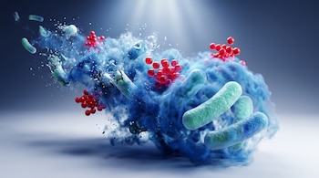 Bacterias cilíndricas de color verde menta y azul, algunas fragmentadas, en una nube azul con esferas rojas brillantes sobre fondo degradado azul a blanco.