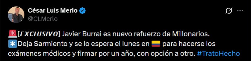 Millonarios tendría todo listo para firmar a Javier Burrai, portero argentino - crédito @CLMerlo/X