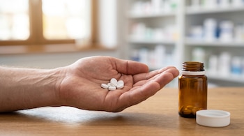 Una mano abierta con pastillas blancas junto a un frasco de vidrio café sobre una mesa de madera dentro de una farmacia.