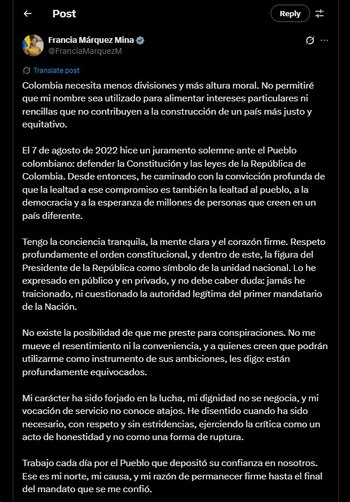 Francia Márquez aclaró que no