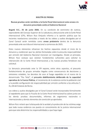El material será incorporado a una denuncia presentada en 2025, con el propósito de que la Fiscalía de la Corte Penal Internacional lo valore junto con las demás pruebas documentales e informes que integran el expediente - crédito @WilsonRuizO/X