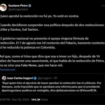El presidente Petro afirmó que no está buscando la reelección en las elecciones de 2026 - crédito @petrogustavo/X