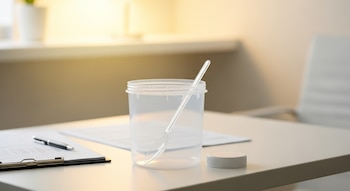 Un bote de plástico transparente vacío con una pequeña cuchara, una tapa blanca, un portapapeles con papeles y un bolígrafo sobre un escritorio.