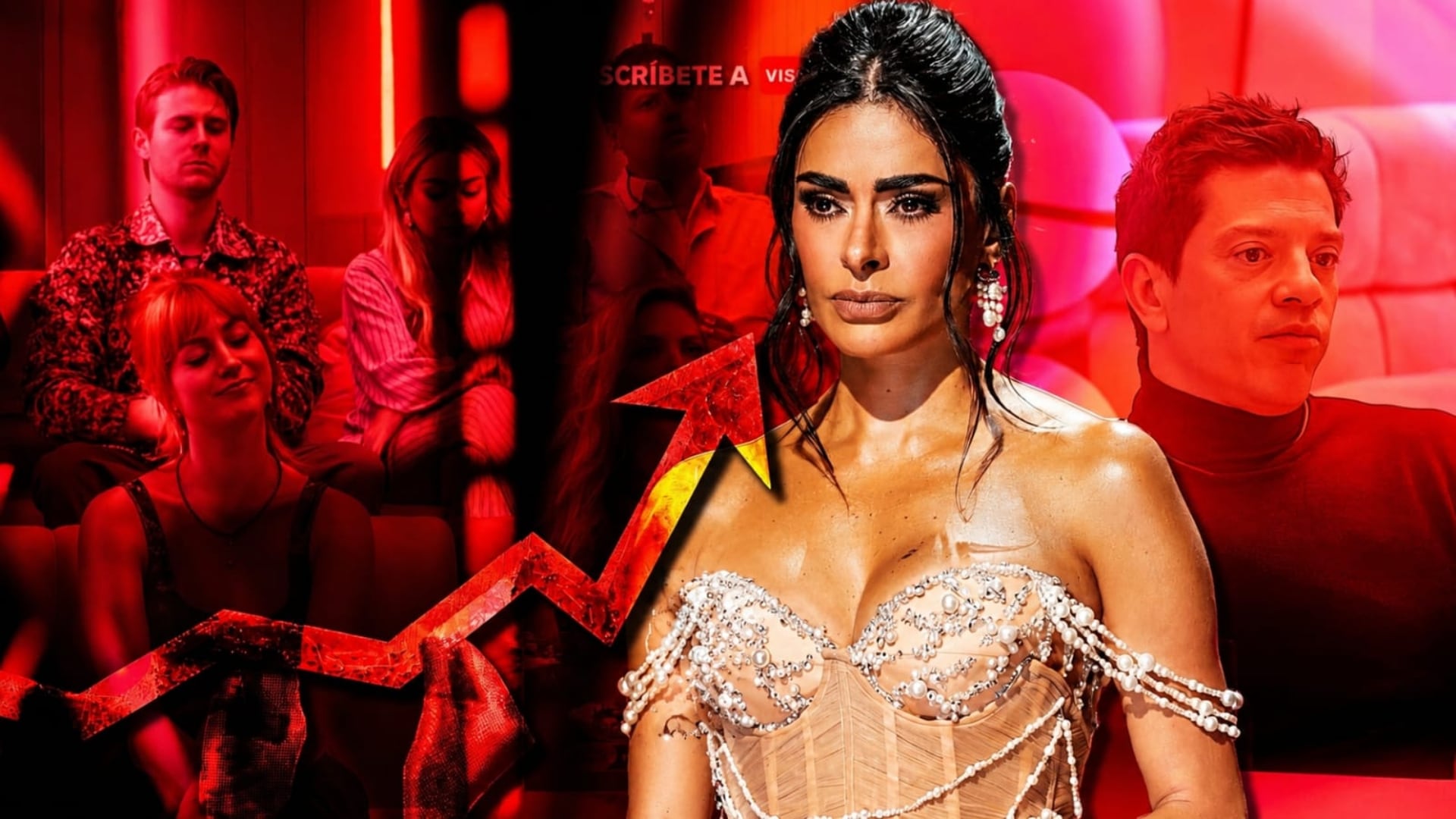La conductora Galilea Montijo aparece junto a un gráfico de crecimiento de audiencia del programa de televisión La Casa de los Famosos México. (Especial Infobae México)