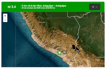 Mapa satelital del sur de Perú con una estrella verde cerca de Arequipa y un panel superior con datos de un sismo de magnitud 3,4