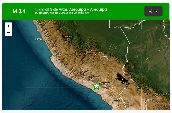 Un mapa interactivo sitúa el epicentro de un sismo de magnitud 3,4 registrado a 11 kilómetros al norte de Vítor, en el departamento de Arequipa. (IGP)